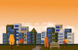 Autumn Fall Season City Park Building Trees Cityscape Flat Design vector