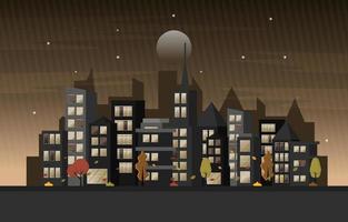 Autumn Fall Season Night City Building Cityscape View Flat Design vector