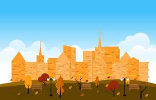 otoño soleado temporada de otoño edificio de la ciudad paisaje urbano vista diseño plano vector