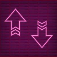Pink neon arrow outline with brick wall background with purple light vector