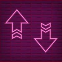 Pink neon arrow outline with brick wall background with purple light vector