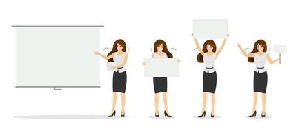 Businesswoman with blank white banner set vector