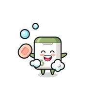 trash can character is bathing while holding soap vector