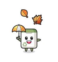 cartoon of the cute trash can holding an umbrella in autumn vector