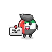 la mascota de la insignia de la bandera de los emiratos árabes unidos sosteniendo una pancarta que dice gracias vector