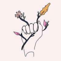 Continuous line of female hands holding flowers, branches vector