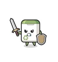 cute trash can soldier fighting with sword and shield vector