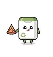 cute trash can cartoon eating pizza vector