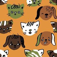 Hand drawn vector cats and dogs seamless pattern