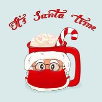 Santa Claus is on the cup in red Santa hat, glasses and mask vector