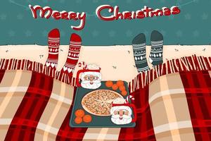 Santa Claus Cups, cocoa, marshmallows, candies, tangerines and pizza vector