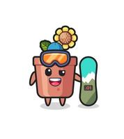 Illustration of sunflower pot character with snowboarding style vector