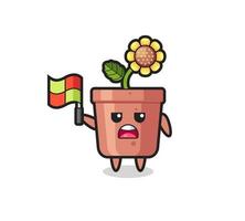 sunflower pot character as line judge putting the flag up vector