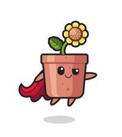 cute sunflower pot superhero character is flying vector