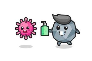 illustration of stone character chasing evil virus with hand sanitizer vector