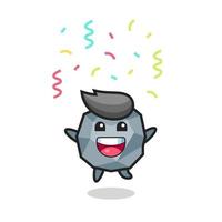 mascota de piedra feliz saltando de felicitación con confeti de colores vector
