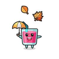 cartoon of the cute strawberry juice holding an umbrella in autumn vector