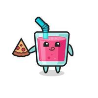 cute strawberry juice cartoon eating pizza vector