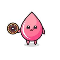 illustration of an strawberry drop juice character eating a doughnut vector