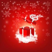 Red gift box flying open on cloud  with snowflake background
