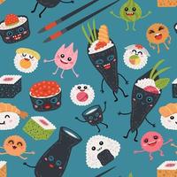Seamless pattern kawaii rolls and sushi background vector