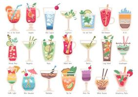 Alcoholic fruit cocktails set. Beach party drinks vector