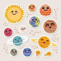 gran conjunto de pegatinas de planetas de dibujos animados lindo. vector