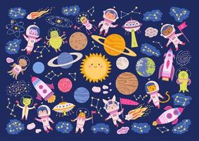 Big set of animal astronauts in space vector