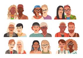 Modern avatars of couples set. Collection of flat portraits vector