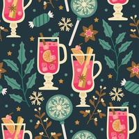 Christmas sweets pattern with winter hot drinks vector