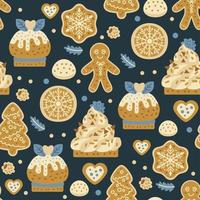 Christmas sweets pattern with gingerbread cookies. Bakery vector