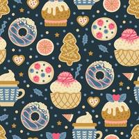 Christmas sweets pattern with gingerbread cookies. Bakery vector