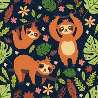 Vector funny sloth on tree. Seamless pattern