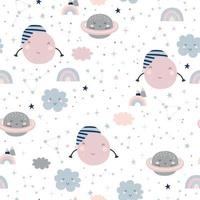 Seamless childish pattern with moons, clouds, rainbows and starry sky vector