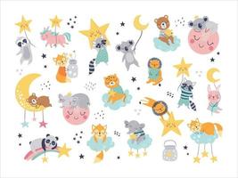 Isolated set with cute sleeping animals in scandinavian style. vector