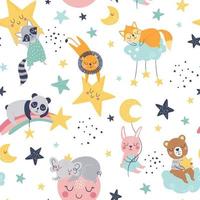Seamless childish pattern with fox, bear, lion, panda, racoon, bunny vector