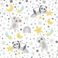Seamless vector childish pattern with cute koala, panda, sloth, moon