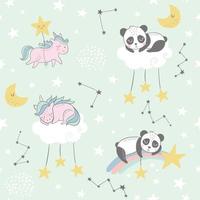 patrón infantil vector transparente con lindos unicornios, panda, estrellas