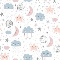 Seamless childish pattern with moons, clouds, rainbows and starry sky vector