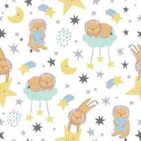 Seamless vector childish pattern with cute lions, clouds, moon, stars