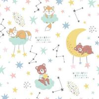 Seamless childish pattern with sleeping foxes, bears, clouds, rainbow vector