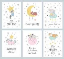 Vector set of 4 night cards with cute characters and phrases. Nursery