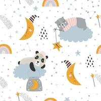 patrón infantil sin fisuras con estrellas atrapando lindo oso y panda vector