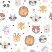 Seamless childish pattern with funny animals faces vector