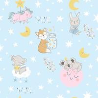 Seamless childish pattern with sleeping foxes, clouds, rainbow, jar vector