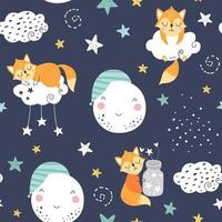 Seamless childish pattern with sleeping foxes, clouds, rainbow, jar vector