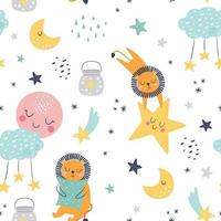 Seamless vector childish pattern with cute lions, clouds, moon, stars