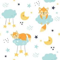 Seamless childish pattern with sleeping foxes, clouds, rainbow vector