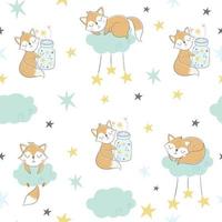 Seamless childish pattern with sleeping foxes, clouds, rainbow, jar vector