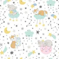 Seamless childish pattern with sleeping foxes, clouds, rainbow, jar vector